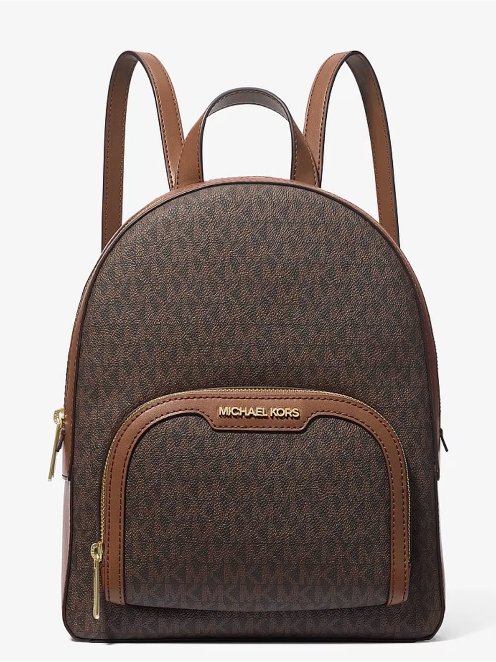 Michael Kors Jaycee Brown Monogram Dome Backpack with Tan Trim
